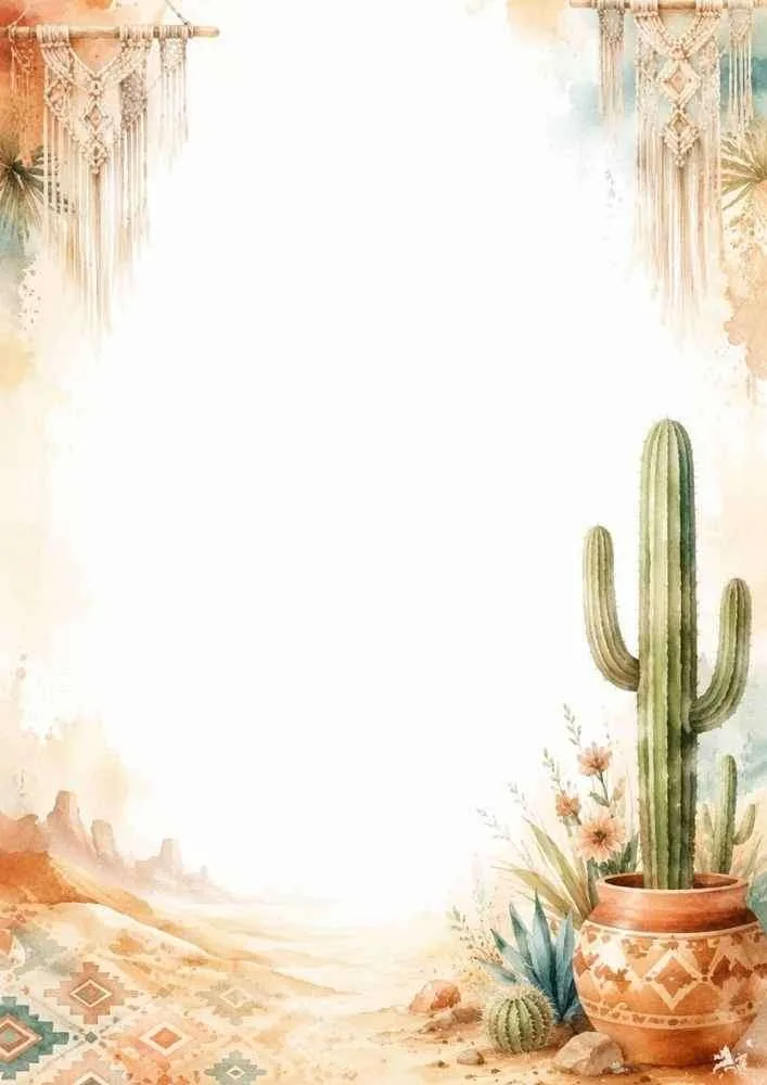 Watercolor border with cactus, macramé, pottery, and desert landscape.