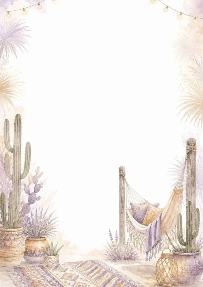 Watercolor border with hammock, cacti, lantern, and boho décor.