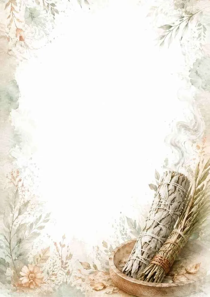 Watercolor border with sage bundles, herbs, and open writing space.