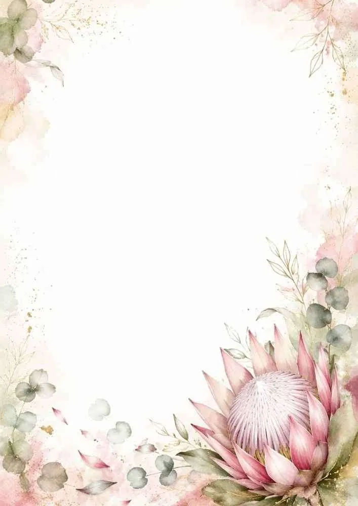 Watercolor border with pink protea flower, eucalyptus, and open center.