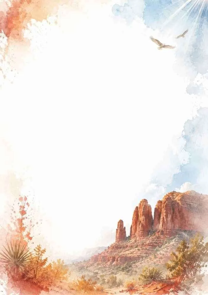 Watercolor border with red rock canyon, desert plants, and open center.