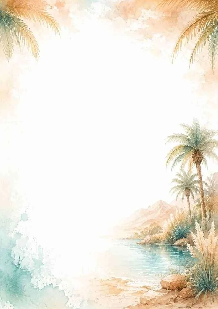 Watercolor border with palm trees, oasis, mountains, and open center.
