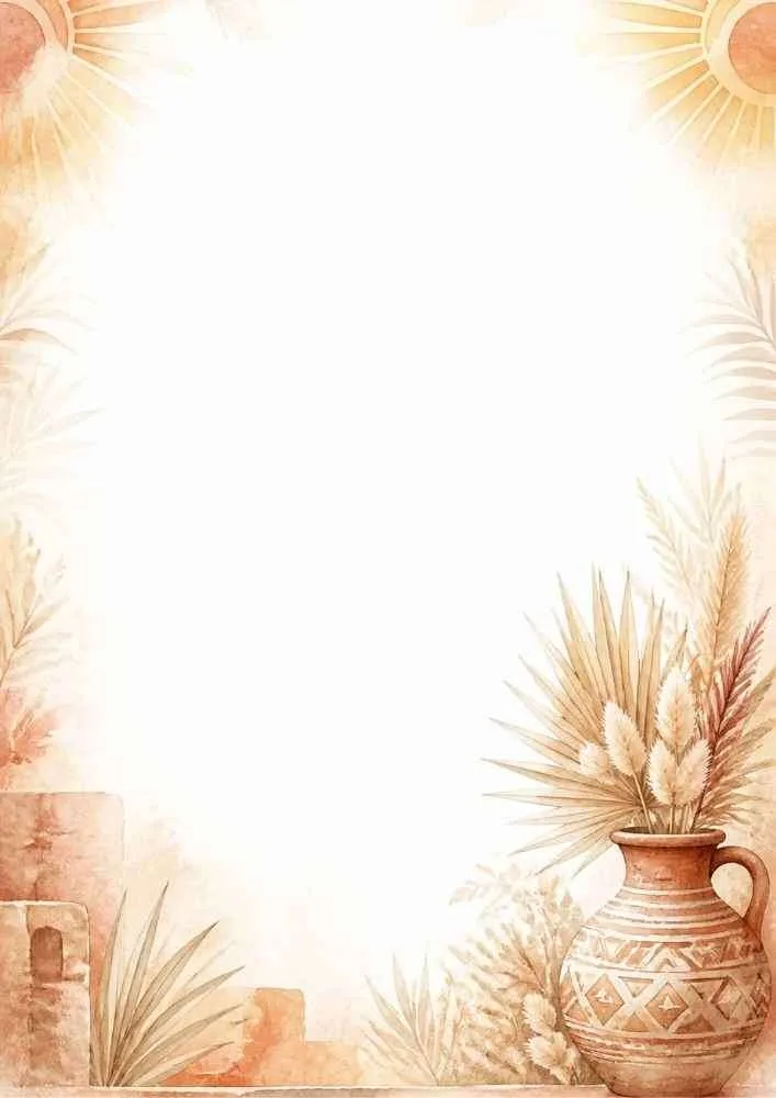 Watercolor border with southwestern pottery, dried grasses, and open center.