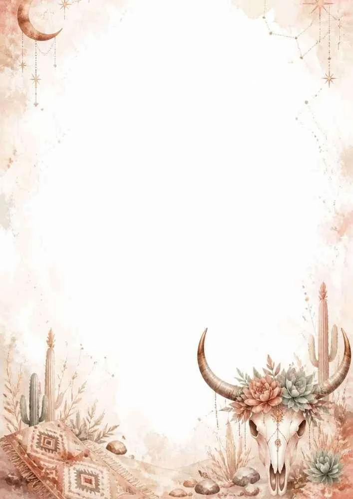 Watercolor border with floral longhorn skull, cacti, rugs, and open center.
