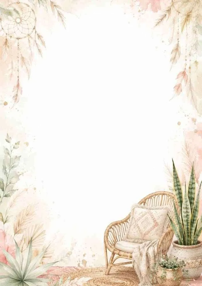 Watercolor border with rattan chair, blanket, snake plant, and dreamcatchers.