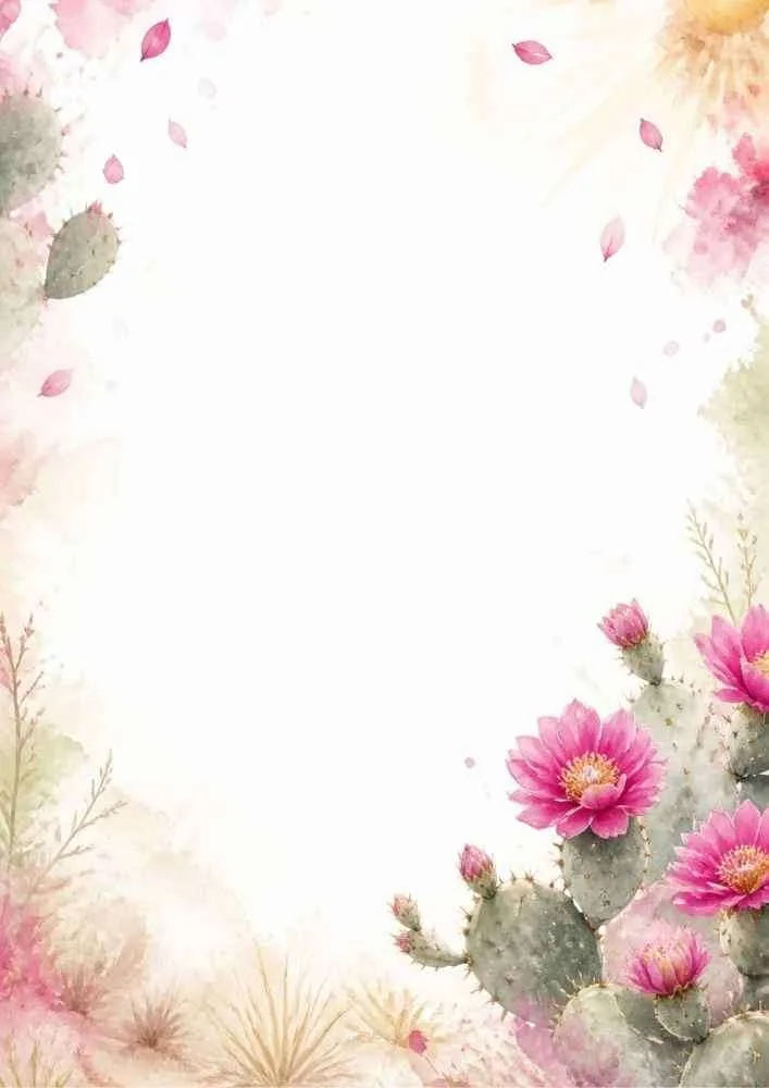 Watercolor border with blooming cactus flowers and open writing space.