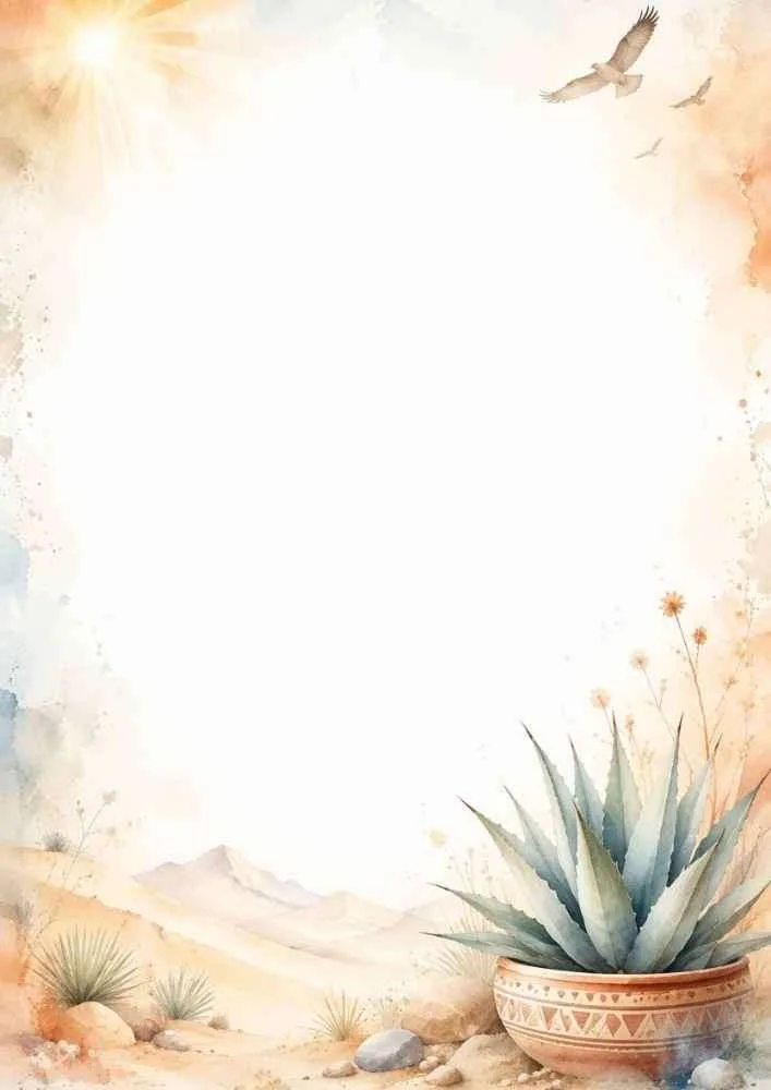 Watercolor border with agave plant, desert rocks, birds, and open center.