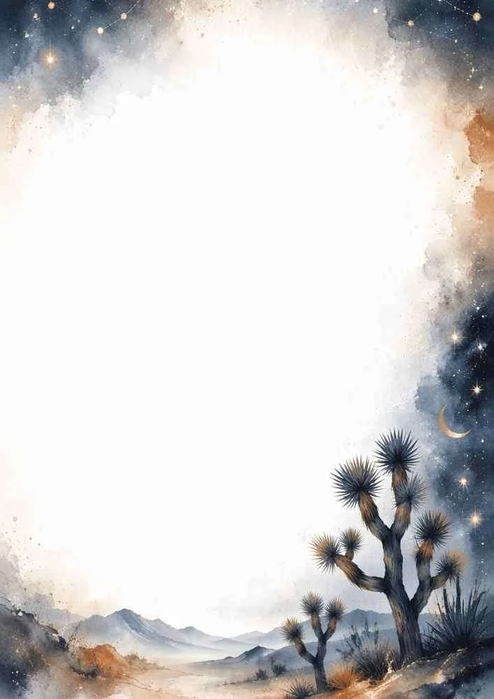 Watercolor border with Joshua trees, stars, moon, and desert landscape.