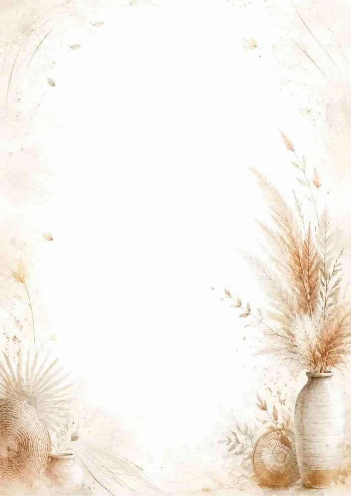 Watercolor border with pampas grass, ceramic vase, and open center.