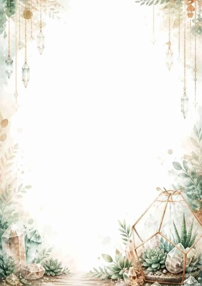 Watercolor border with crystal terrariums, succulents, and hanging crystals.