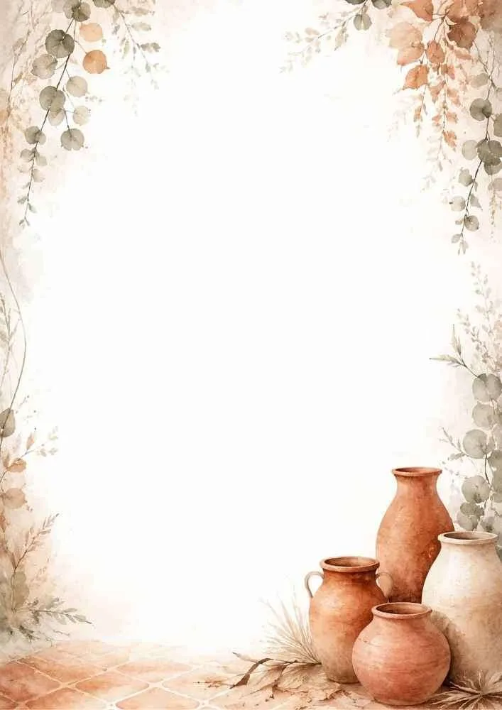 Watercolor border with clay pots, eucalyptus, and open center.