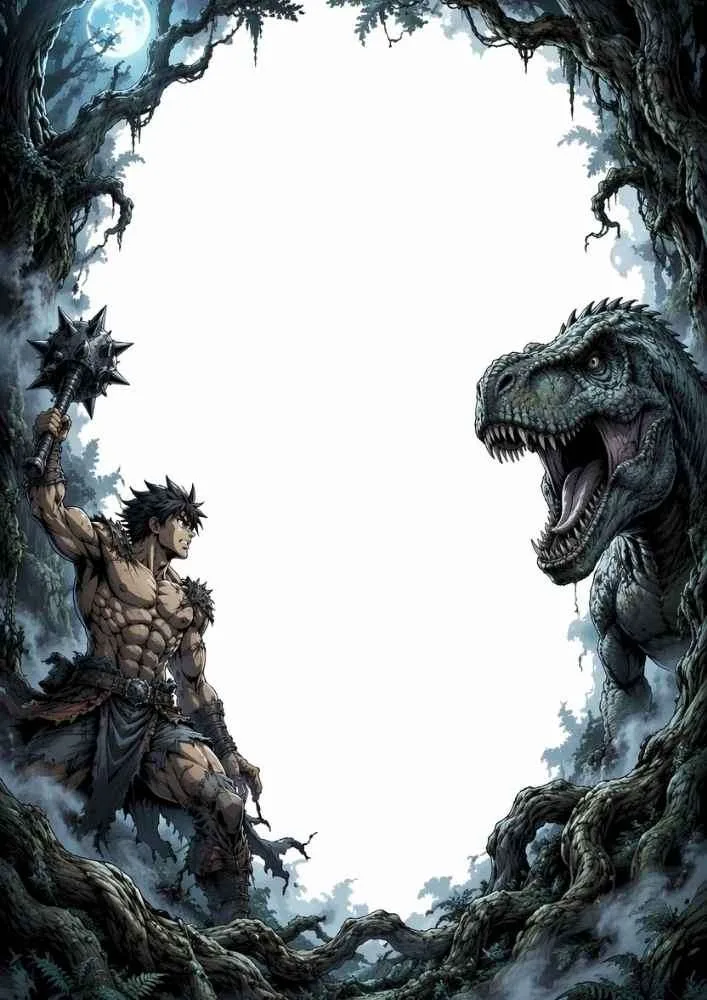 Caveman with a spiked club facing a roaring Tyrannosaurus in a forest border.