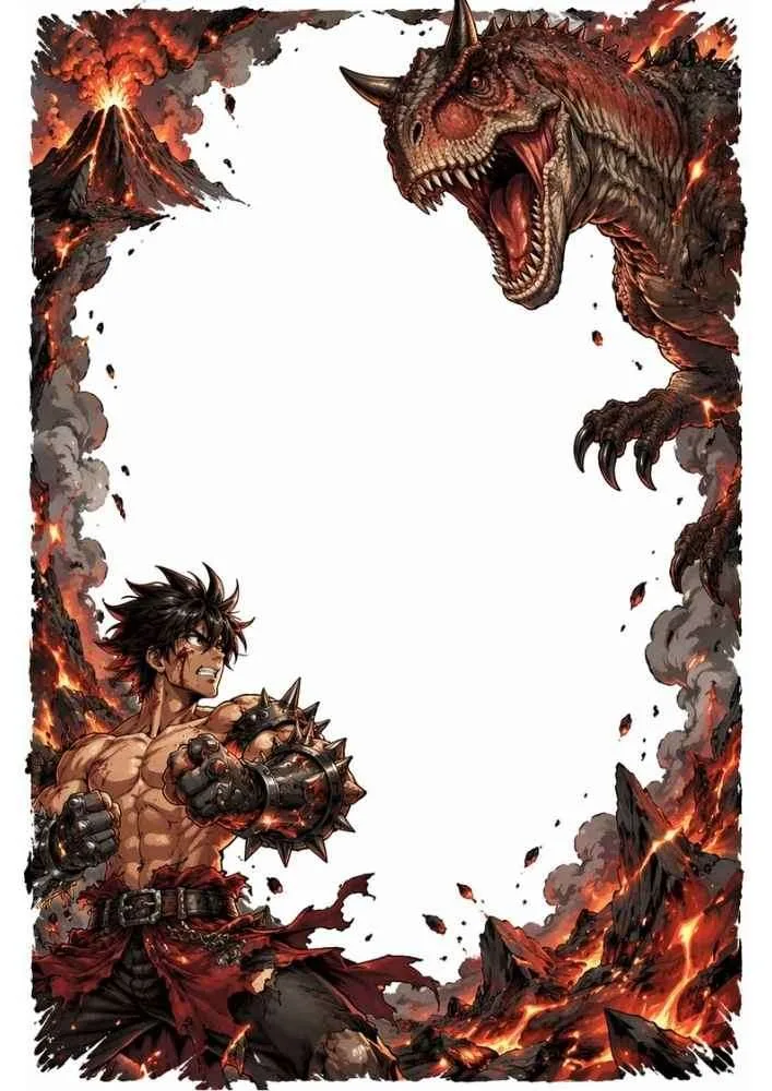 Fighter with spiked gloves facing a horned dinosaur beside lava.