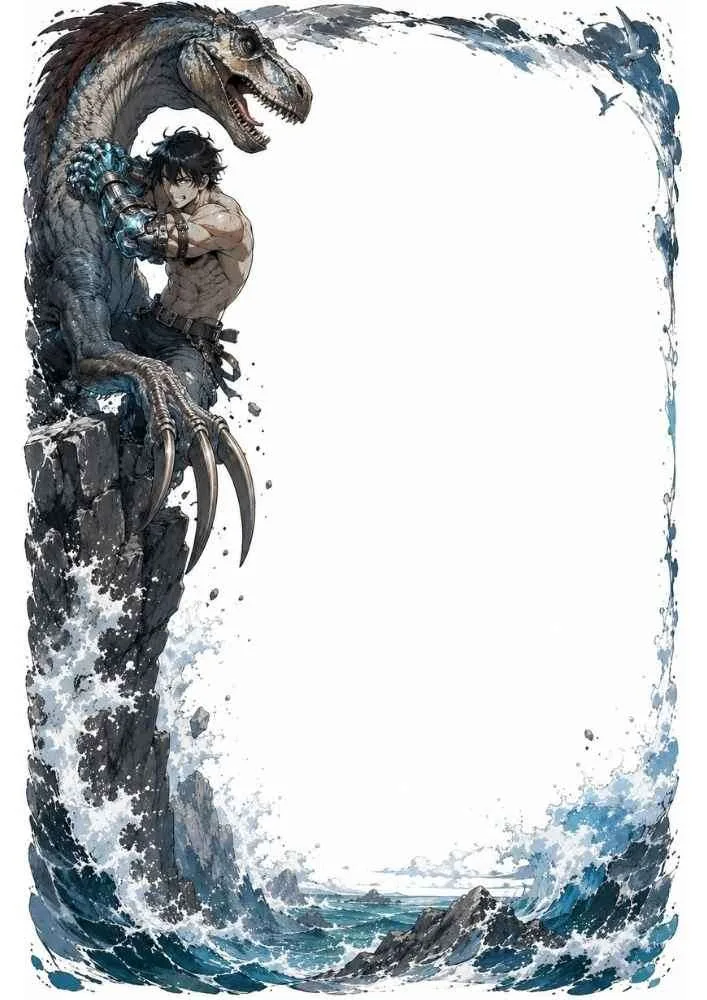Warrior beside a giant raptor on rocky cliffs above the sea.