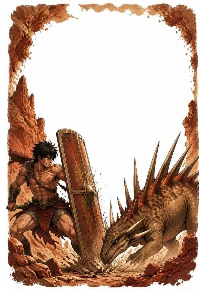 Warrior with a shield facing an armored dinosaur in a rocky canyon.