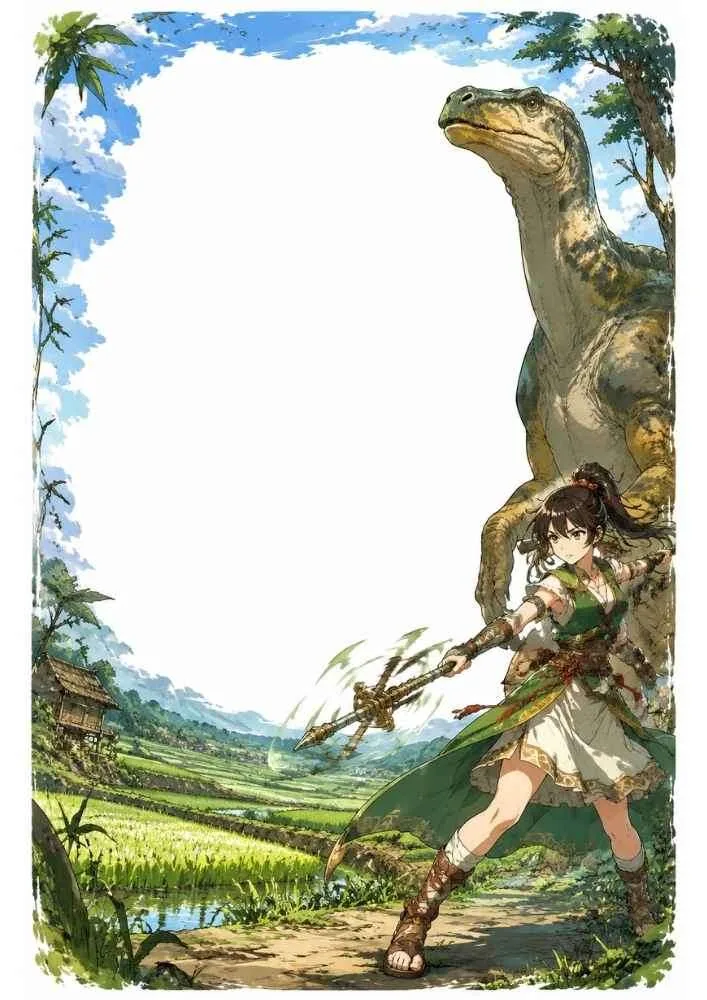 Spear hunter beside a gentle dinosaur near fields and a village.