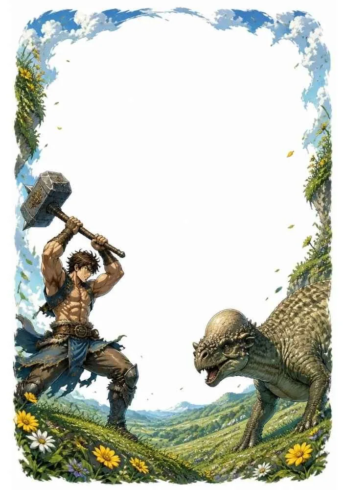 Warrior with a hammer facing a dome headed dinosaur in a valley.