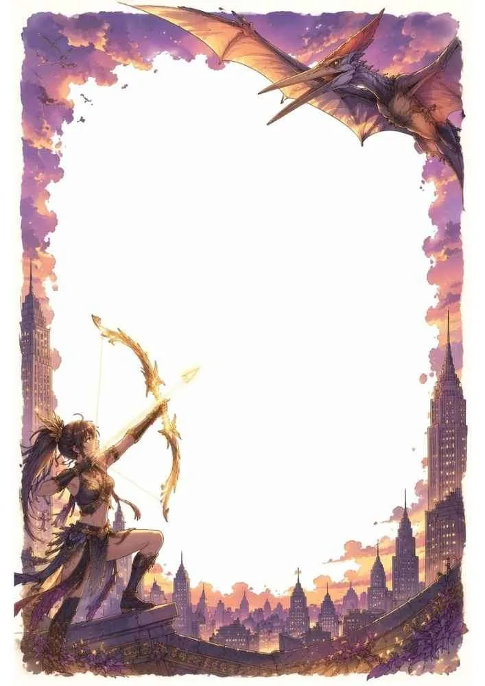 Archer aiming a glowing bow at a flying pterosaur above a city.