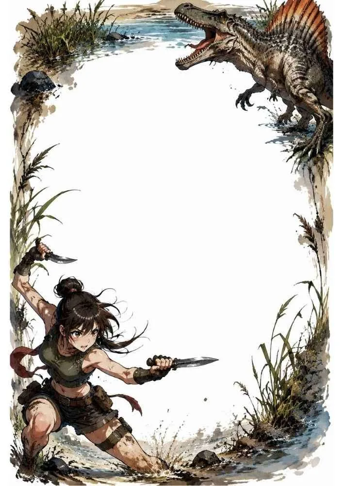 Hunter with two knives facing a Spinosaurus beside a river.