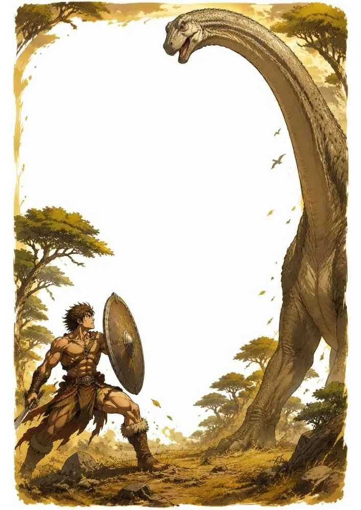 Warrior with a shield facing a giant long neck dinosaur.