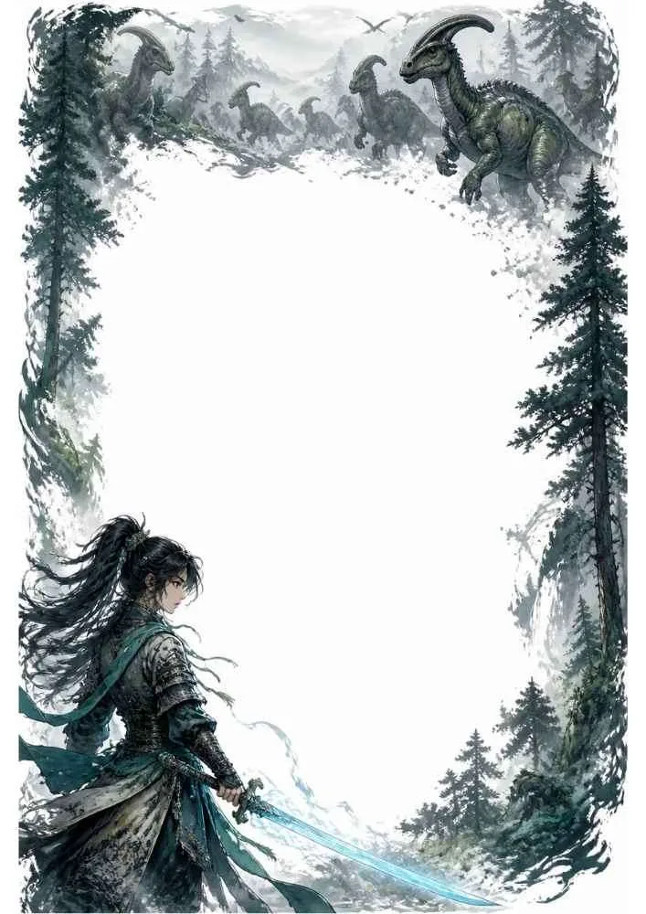 Sword warrior with Parasaurolophus dinosaurs in a forest border.