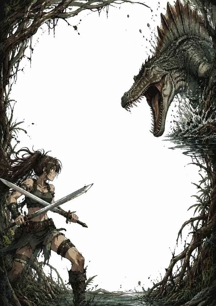 Warrior with two swords facing a Spinosaurus in a swamp.