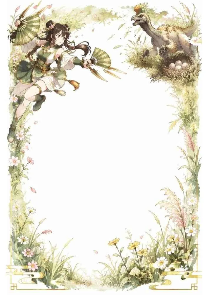 Fantasy girl with fans beside a nesting dinosaur in a floral border.