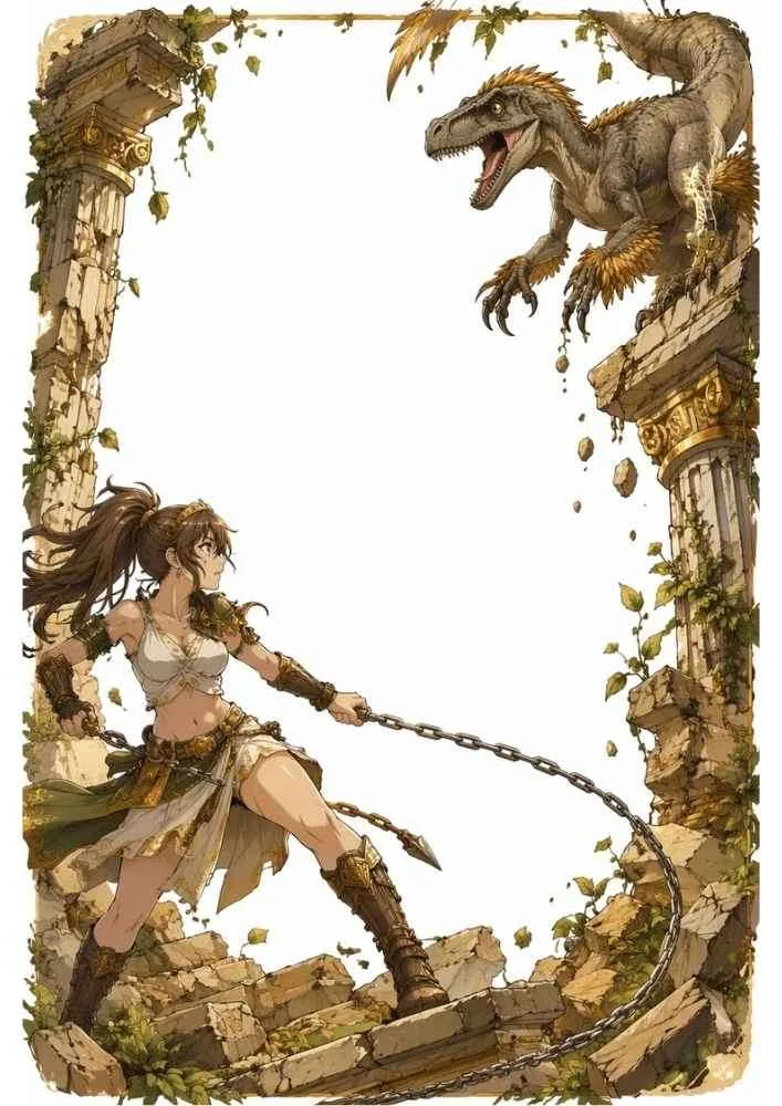 Hunter with a chain weapon facing a raptor in ancient ruins.