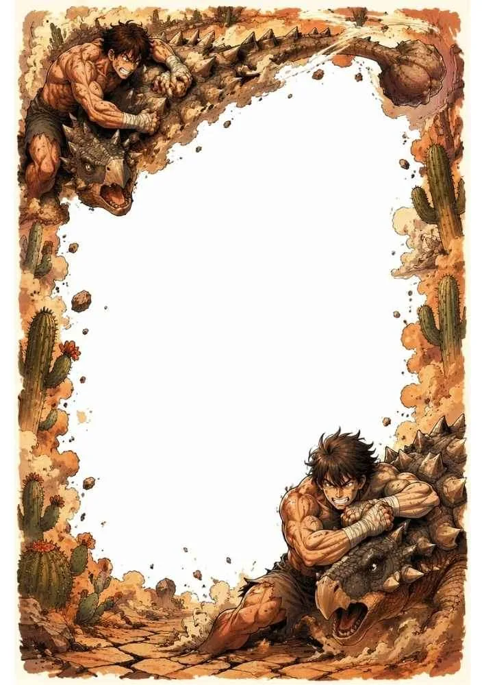 Caveman wrestling armored dinosaurs in a desert border with cacti.