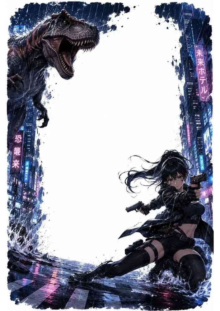 Hunter with two pistols facing a Tyrannosaurus in a rainy city.