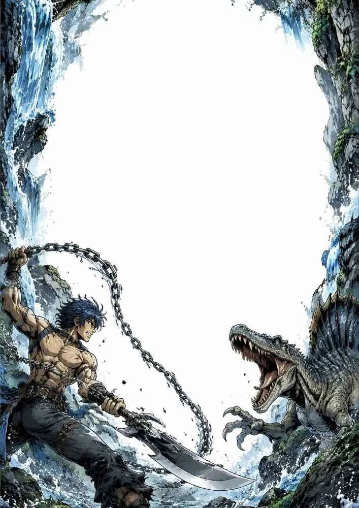 Warrior with a chain blade facing a Spinosaurus near waterfalls.