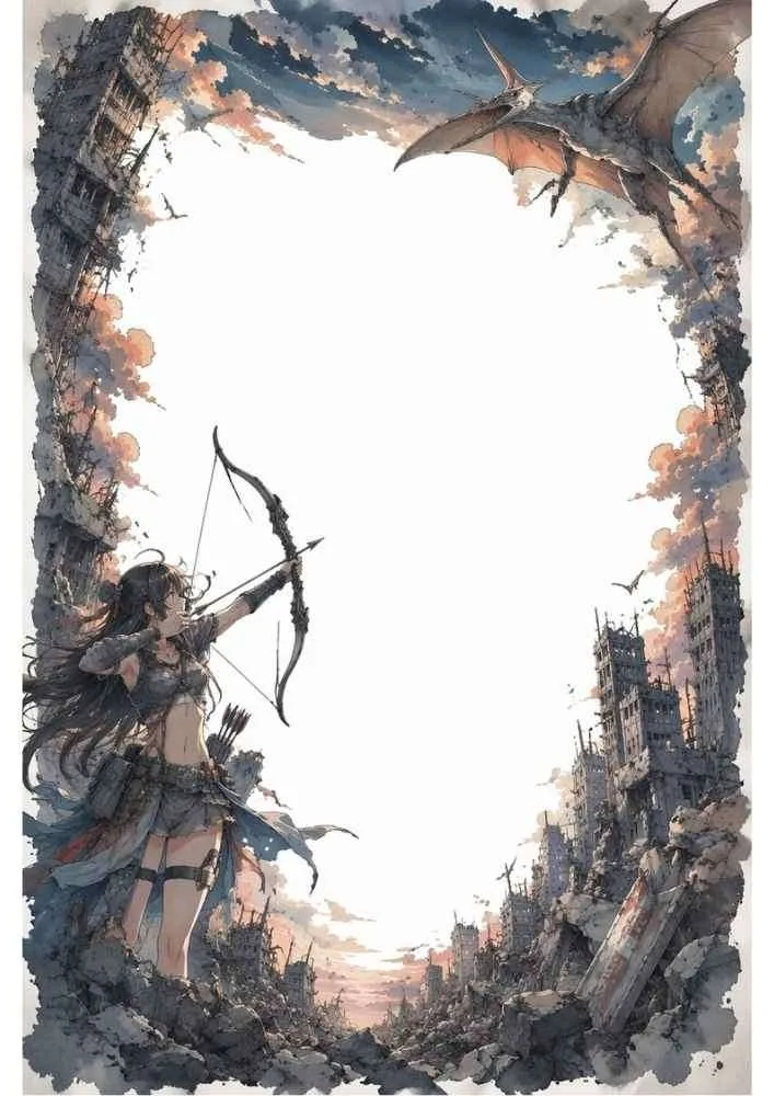Archer aiming at a flying pterosaur in a ruined city.