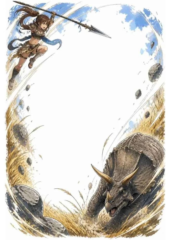 Spear hunter leaping toward a charging Triceratops.