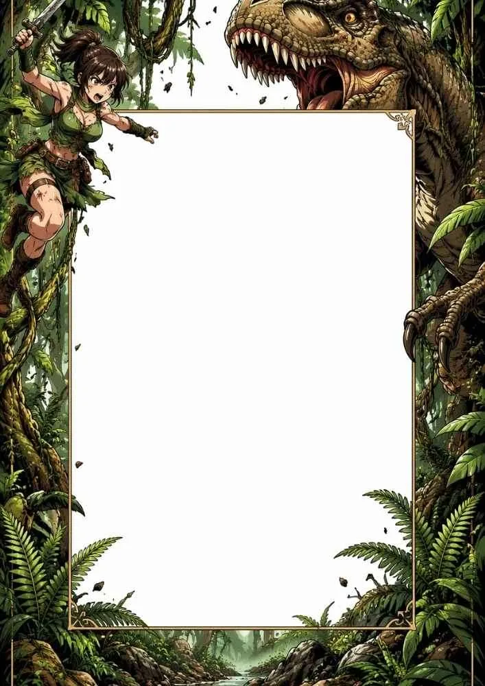 Jungle explorer facing a Tyrannosaurus inside a jungle border.