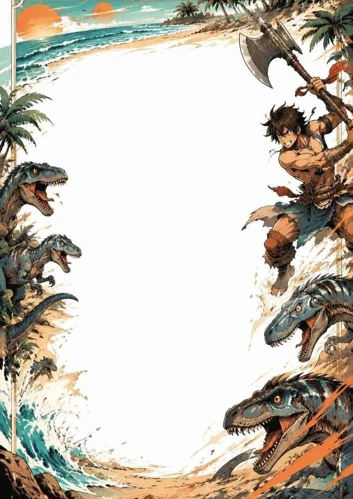 Warrior with an axe surrounded by raptors on a beach.
