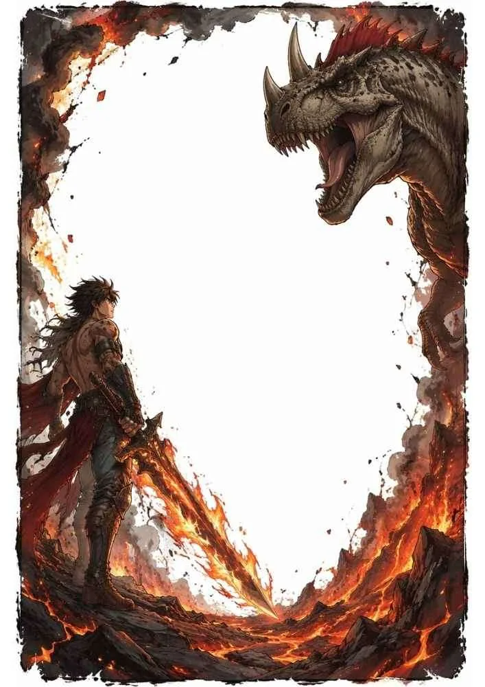Warrior with a flaming sword facing a horned dinosaur in a volcanic border.