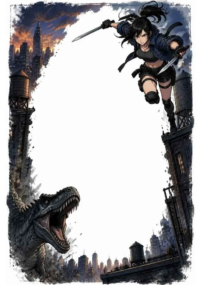 Hunter with daggers above a roaring dinosaur in a city border.