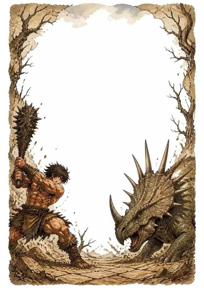 Caveman with a club facing a spiked horned dinosaur between trees.