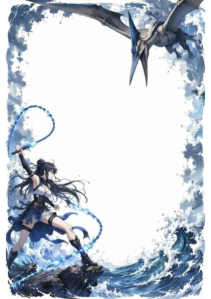 Hunter with a glowing whip and a flying pterosaur above ocean waves.