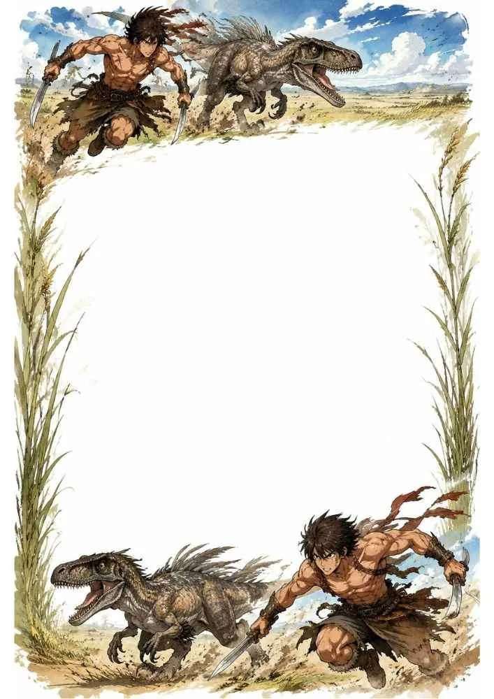 Two cavemen running with raptors inside a grassy border.