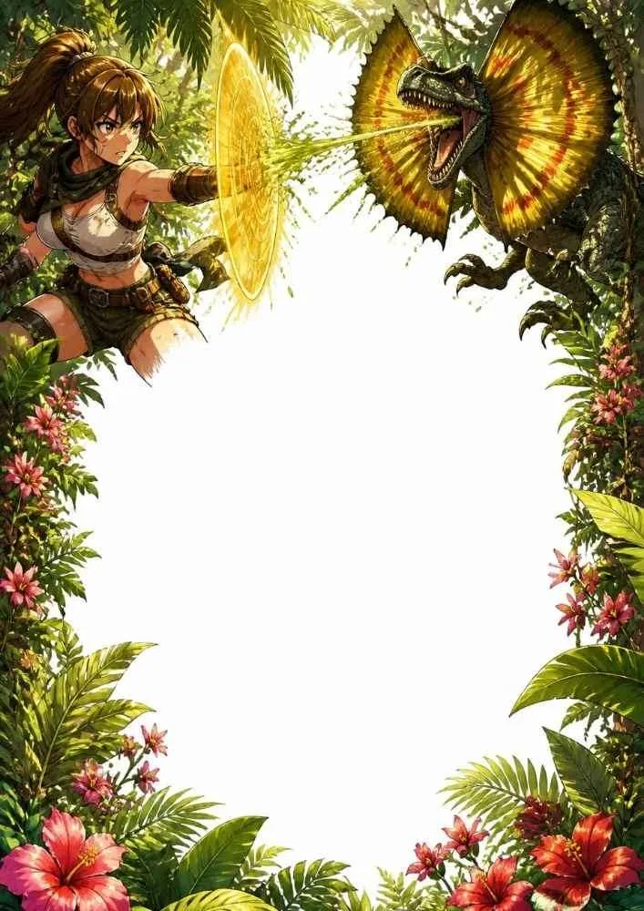 Explorer using a glowing shield against a Dilophosaurus in a jungle.