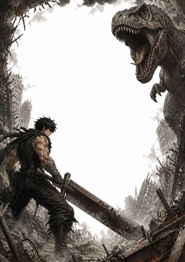 Warrior with a giant sword facing a Tyrannosaurus in ruined city streets.