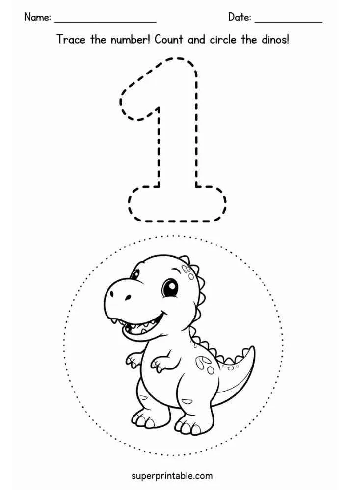 Number 1 tracing worksheet with one smiling T-Rex, name and date lines, and counting instructions.