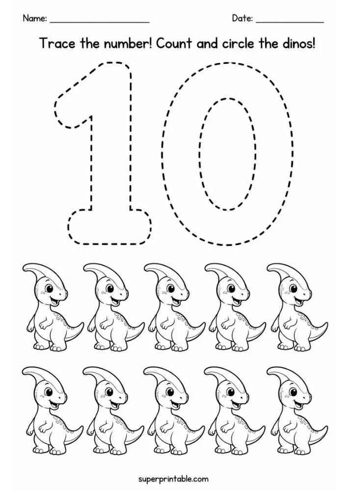 Number 10 tracing worksheet with ten Parasaurolophus dinosaurs, name and date lines, and counting instructions.