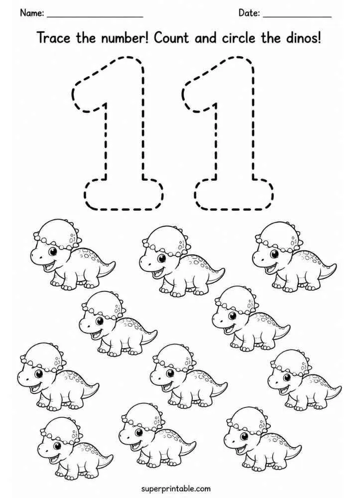 Number 11 tracing worksheet with eleven Pachycephalosaurus dinosaurs and counting instructions.