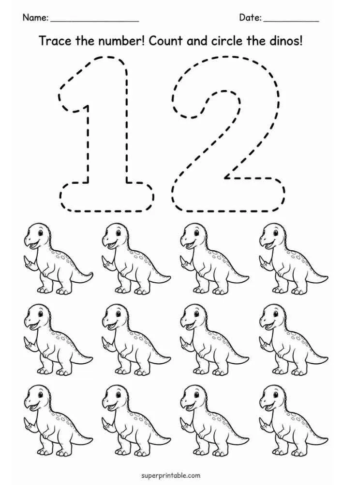 Number 12 tracing worksheet with twelve Iguanodon dinosaurs and counting instructions.