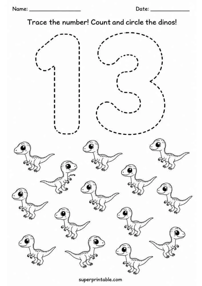 Number 13 tracing worksheet with thirteen Velociraptor dinosaurs and counting instructions.