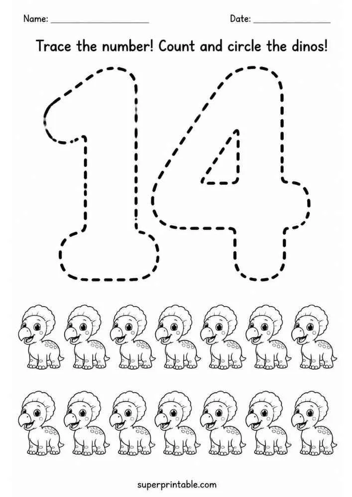 Number 14 tracing worksheet with fourteen baby Triceratops dinosaurs and counting instructions.