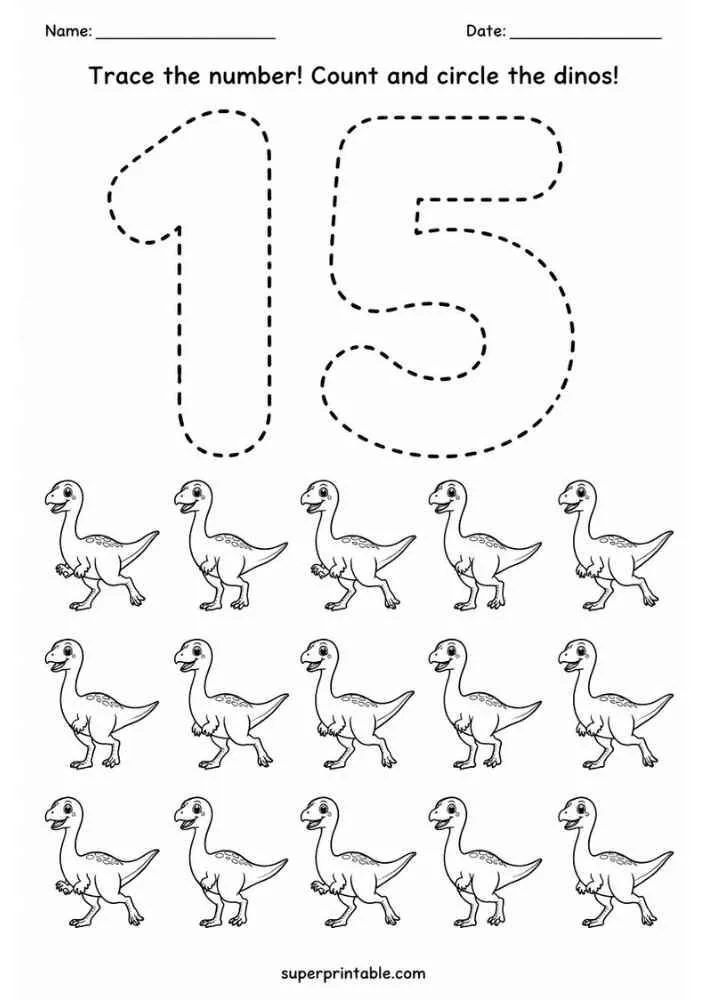 Number 15 tracing worksheet with fifteen Gallimimus dinosaurs and counting instructions.