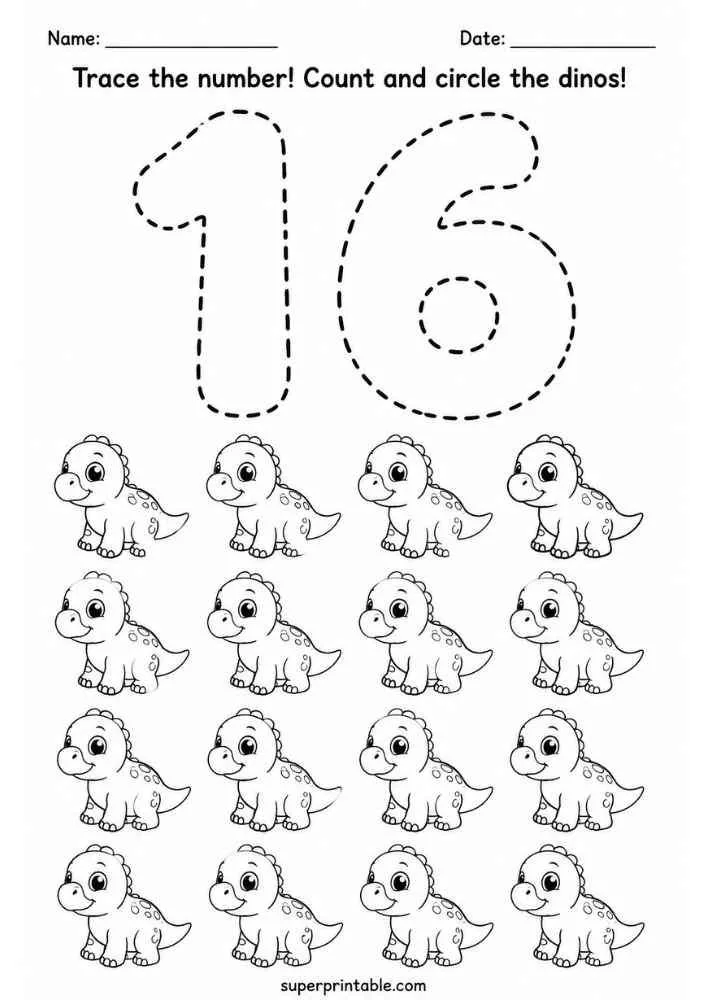 Number 16 tracing worksheet with sixteen baby dinosaurs and counting instructions.